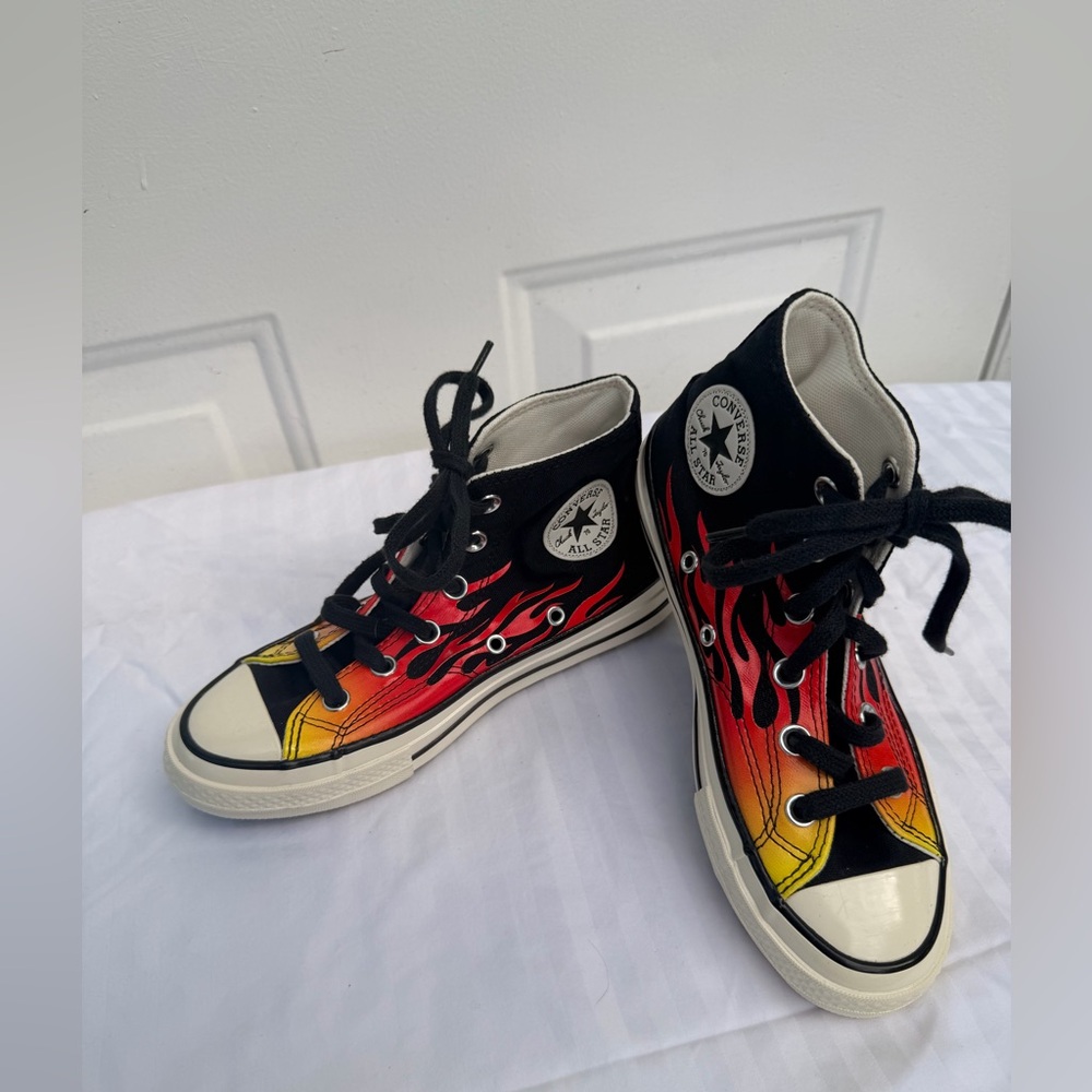 Converse Black High-Tops with Fiery Flame Pattern